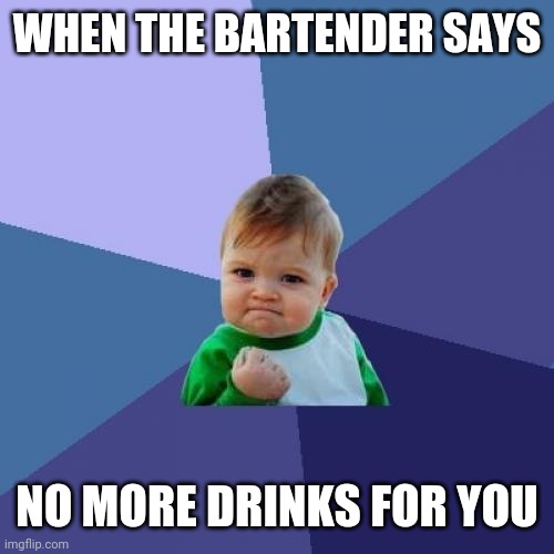 Bad boy | WHEN THE BARTENDER SAYS; NO MORE DRINKS FOR YOU | image tagged in memes,success kid | made w/ Imgflip meme maker