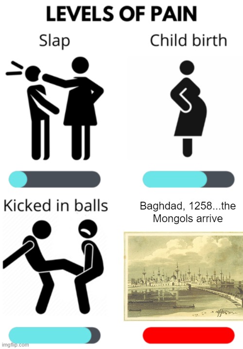 Al Slaughter | Baghdad, 1258...the Mongols arrive | image tagged in levels of pain | made w/ Imgflip meme maker