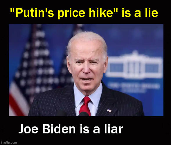 "Putin's price hike" is a lie | "Putin's price hike" is a lie; Joe Biden is a liar | image tagged in putin's price hike,inflation,joe biden | made w/ Imgflip meme maker