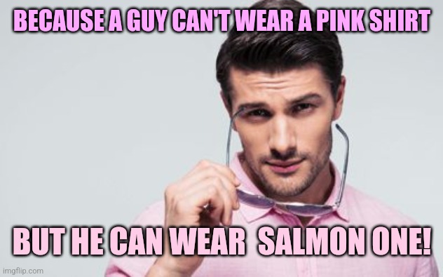 pink shirt | BECAUSE A GUY CAN'T WEAR A PINK SHIRT BUT HE CAN WEAR  SALMON ONE! | image tagged in pink shirt | made w/ Imgflip meme maker