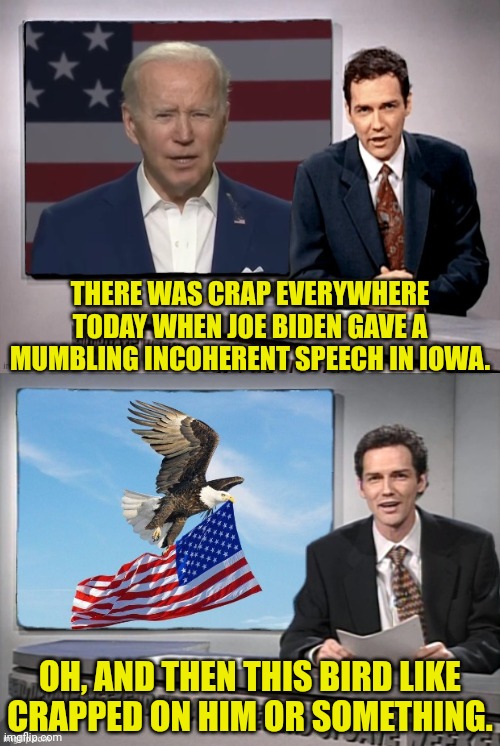 Bird Sums Up biden | THERE WAS CRAP EVERYWHERE TODAY WHEN JOE BIDEN GAVE A MUMBLING INCOHERENT SPEECH IN IOWA. OH, AND THEN THIS BIRD LIKE CRAPPED ON HIM OR SOMETHING. | image tagged in joe biden,bird,crap,iowa | made w/ Imgflip meme maker