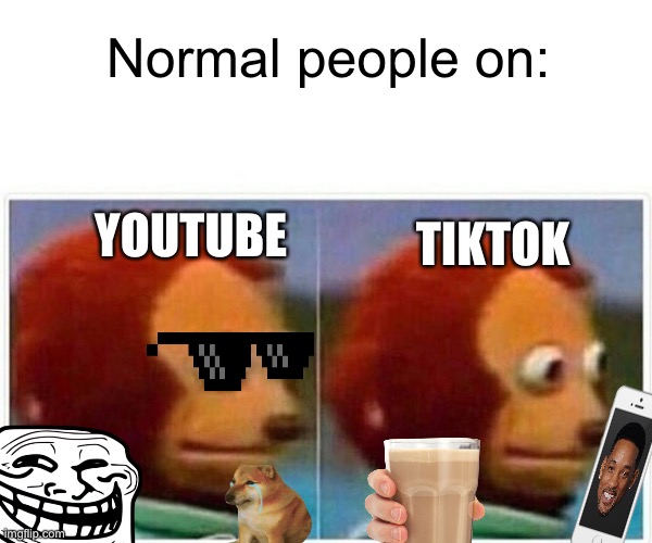 Another meme | Normal people on:; TIKTOK; YOUTUBE | image tagged in memes,monkey puppet | made w/ Imgflip meme maker