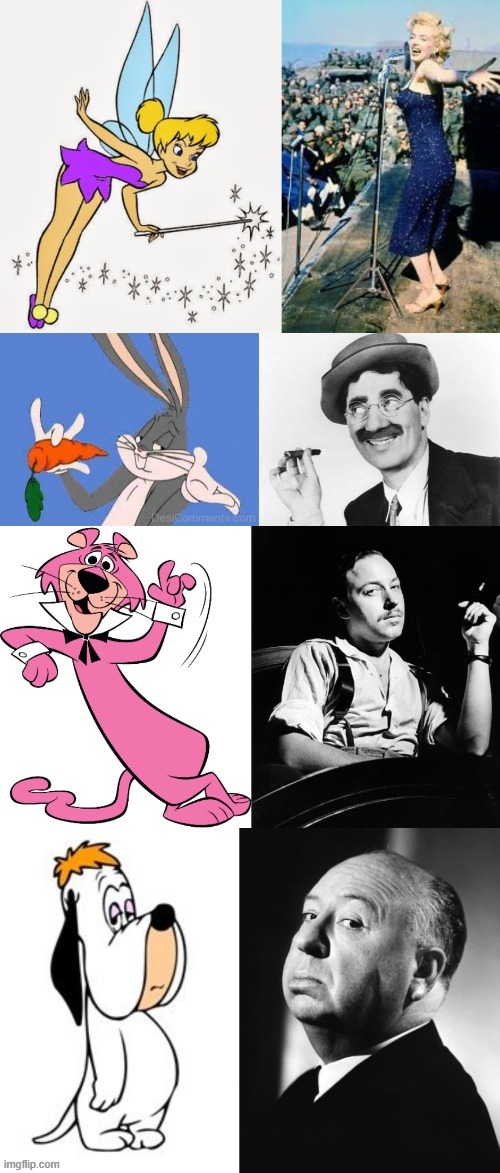 Classic cartoon characters based on people | image tagged in tinkerbell,bugs bunny,snagglepuss,droopy dog | made w/ Imgflip meme maker