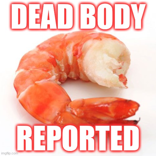 Shrimp No Head | DEAD BODY; REPORTED | image tagged in shrimp,among us,seafood | made w/ Imgflip meme maker