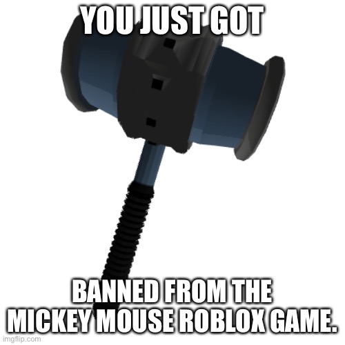 Ok. | YOU JUST GOT; BANNED FROM THE MICKEY MOUSE ROBLOX GAME. | image tagged in ban hammer | made w/ Imgflip meme maker
