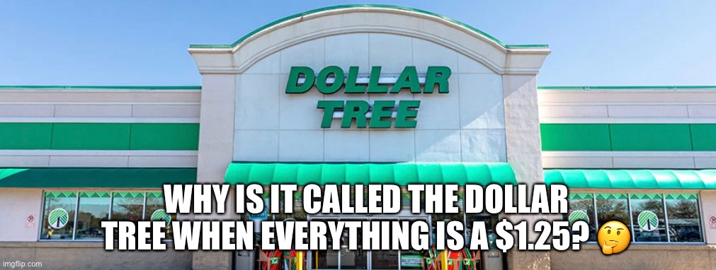 Dollar Tree | WHY IS IT CALLED THE DOLLAR TREE WHEN EVERYTHING IS A $1.25? 🤔 | image tagged in dollar tree,cost,questions,why,125 | made w/ Imgflip meme maker