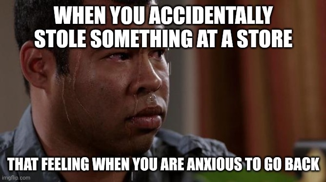 Meme | WHEN YOU ACCIDENTALLY STOLE SOMETHING AT A STORE; THAT FEELING WHEN YOU ARE ANXIOUS TO GO BACK | image tagged in sweating bullets | made w/ Imgflip meme maker