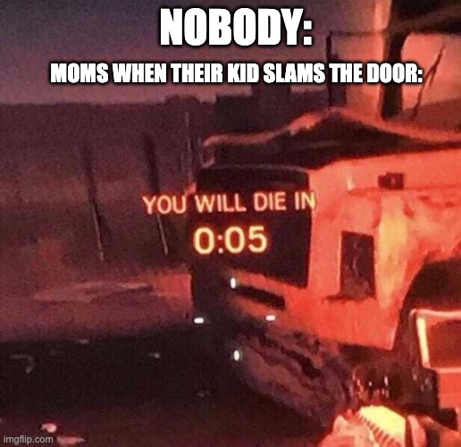 It be true | NOBODY:; MOMS WHEN THEIR KID SLAMS THE DOOR: | image tagged in you will die in 0 05,death,kid slams door,memes | made w/ Imgflip meme maker