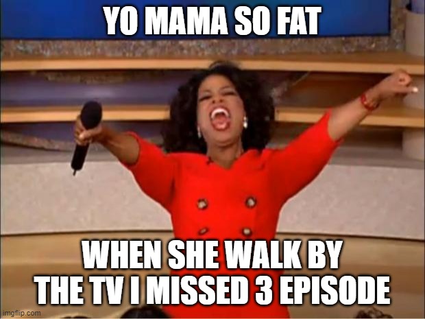 Oprah You Get A | YO MAMA SO FAT; WHEN SHE WALK BY THE TV I MISSED 3 EPISODE | image tagged in memes,oprah you get a | made w/ Imgflip meme maker