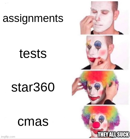 Clown Applying Makeup Meme | assignments; tests; star360; cmas; THEY ALL SUCK | image tagged in memes,clown applying makeup | made w/ Imgflip meme maker