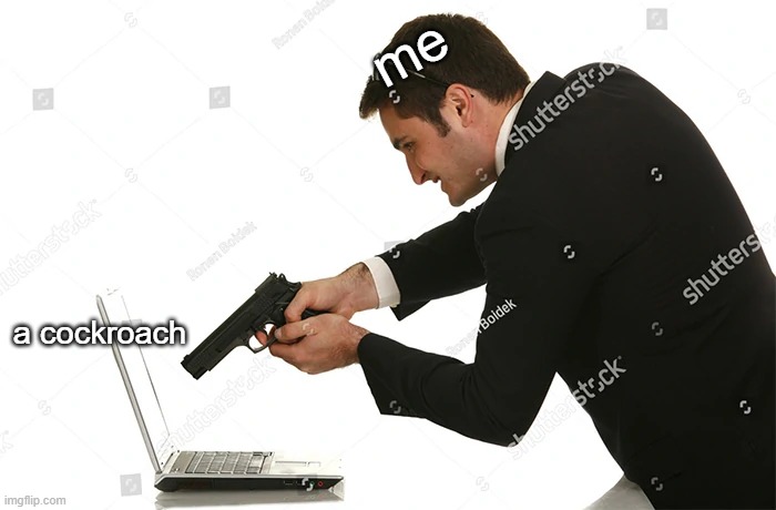 hehe laptop gun | me; a cockroach | image tagged in meme | made w/ Imgflip meme maker