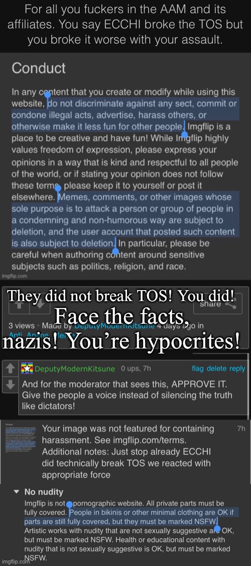 Also: What “appropriate force”? You spammed them for ages, making alts SPECIFICALLY to raid! | They did not break TOS! You did! Face the facts, nazis! You’re hypocrites! | image tagged in tos,hypocrisy,hypocrites | made w/ Imgflip meme maker