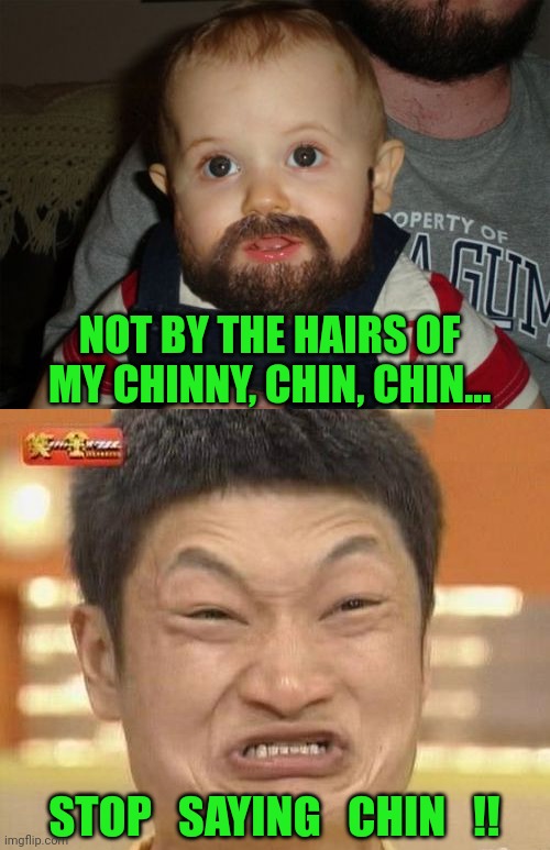 STOP   SAYING   CHIN   !! NOT BY THE HAIRS OF MY CHINNY, CHIN, CHIN... | image tagged in memes,beard baby,impossibru guy original | made w/ Imgflip meme maker
