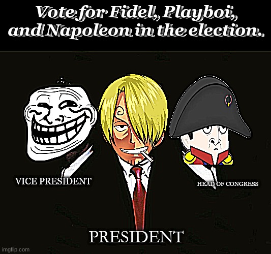 Vote for us | Vote for Fidel, Playboi, and Napoleon in the election. HEAD OF CONGRESS; VICE PRESIDENT; PRESIDENT | image tagged in vote for me,fidelsmooker,playboi,napoleon | made w/ Imgflip meme maker