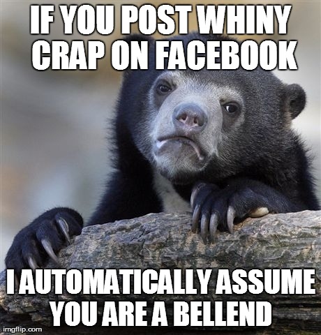 Confession Bear Meme | IF YOU POST WHINY CRAP ON FACEBOOK I AUTOMATICALLY ASSUME YOU ARE A BELLEND | image tagged in memes,confession bear | made w/ Imgflip meme maker
