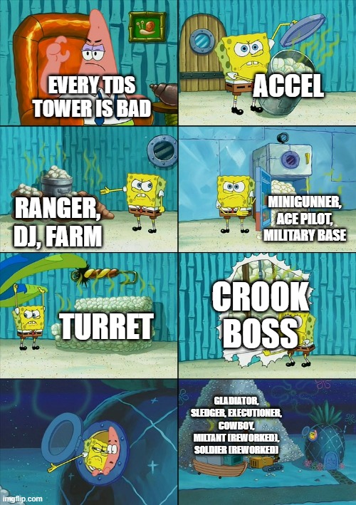 Slenders vs Tds Player's That Know Some Good Towers (REMADE!) | ACCEL; EVERY TDS TOWER IS BAD; MINIGUNNER, ACE PILOT, MILITARY BASE; RANGER, DJ, FARM; CROOK BOSS; TURRET; GLADIATOR, SLEDGER, EXECUTIONER, COWBOY, MILTANT (REWORKED), SOLDIER (REWORKED) | image tagged in spongebob shows patrick garbage | made w/ Imgflip meme maker