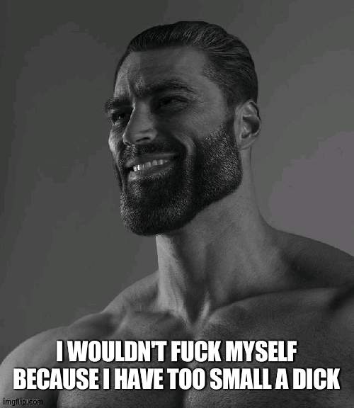 Giga Chad | I WOULDN'T FUCK MYSELF BECAUSE I HAVE TOO SMALL A DICK | image tagged in giga chad | made w/ Imgflip meme maker