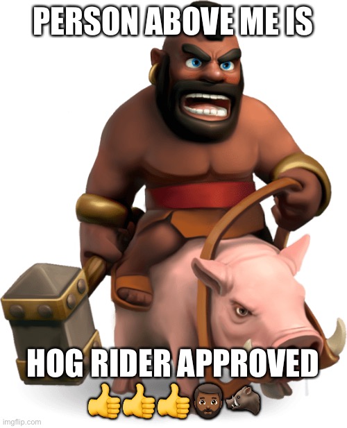 hog rider | PERSON ABOVE ME IS; HOG RIDER APPROVED 👍👍👍🧔🏾‍♂️🐗 | image tagged in hog rider | made w/ Imgflip meme maker