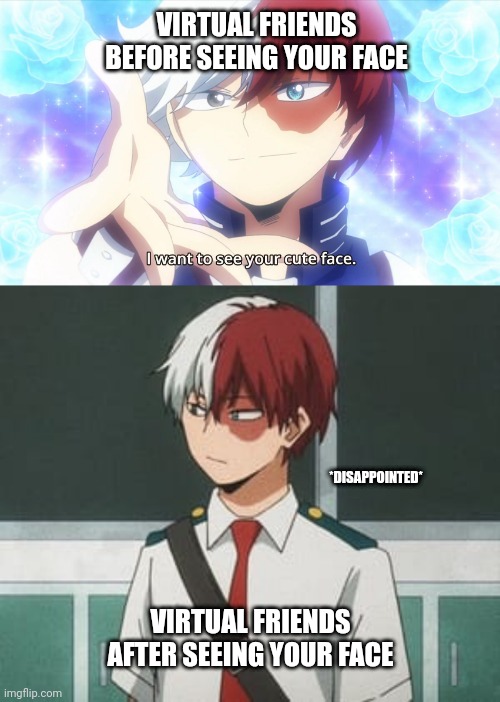 Virtual reality | VIRTUAL FRIENDS BEFORE SEEING YOUR FACE; *DISAPPOINTED*; VIRTUAL FRIENDS AFTER SEEING YOUR FACE | image tagged in shoto todoroki | made w/ Imgflip meme maker