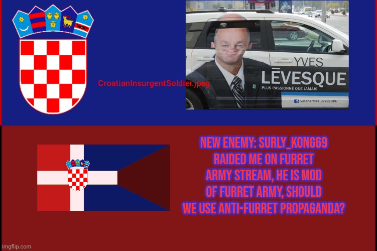 (Mod note: No, just waiting until new status) | New Enemy: surly_kong69 raided me on furret army stream, he is mod of furret army, should we use anti-furret propaganda? | image tagged in croatianinsurgentsoldier jpeg | made w/ Imgflip meme maker