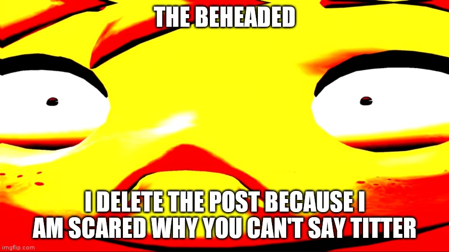 Very unhappy meggy | THE BEHEADED; I DELETE THE POST BECAUSE I AM SCARED WHY YOU CAN'T SAY TITTER | image tagged in very unhappy meggy | made w/ Imgflip meme maker