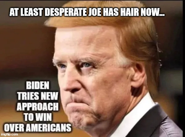 Just when you thought they couldn't get more desperate... | AT LEAST DESPERATE JOE HAS HAIR NOW... | image tagged in desperate,dementia,joe biden | made w/ Imgflip meme maker