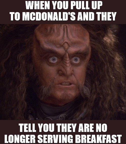 IM CONFUSED | WHEN YOU PULL UP TO MCDONALD'S AND THEY; TELL YOU THEY ARE NO LONGER SERVING BREAKFAST | image tagged in gowron his eyes crazy,star trek | made w/ Imgflip meme maker