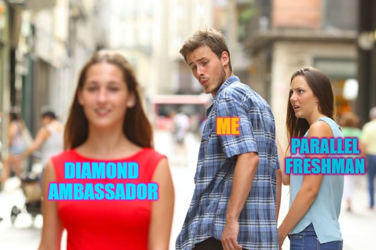 parallel | ME; PARALLEL FRESHMAN; DIAMOND 
AMBASSADOR | image tagged in memes,distracted boyfriend | made w/ Imgflip meme maker