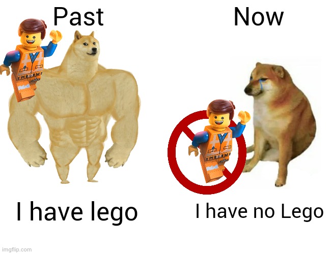 Buff Doge vs. Cheems Meme | Past Now I have lego I have no Lego | image tagged in memes,buff doge vs cheems | made w/ Imgflip meme maker