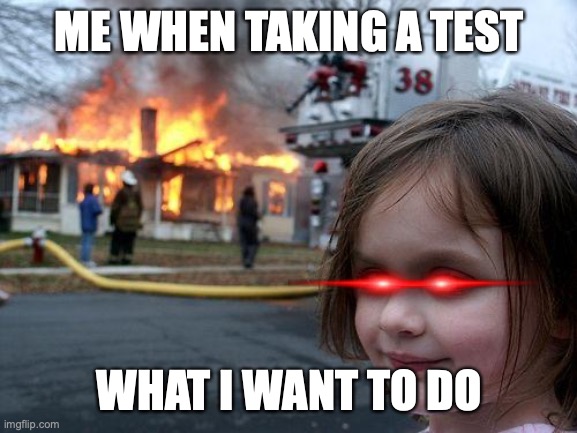 Disaster Girl | ME WHEN TAKING A TEST; WHAT I WANT TO DO | image tagged in memes,disaster girl | made w/ Imgflip meme maker