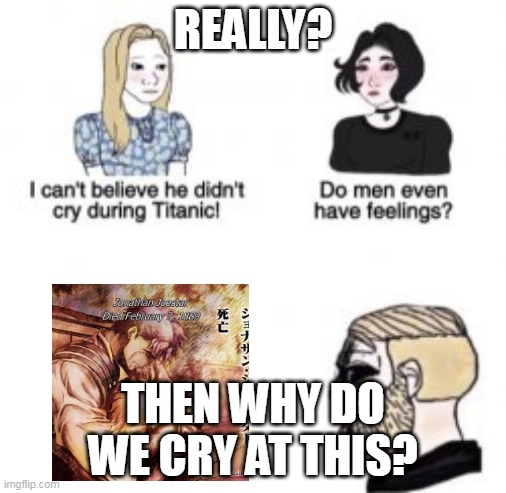 True very true | REALLY? THEN WHY DO WE CRY AT THIS? | image tagged in i can't believe he didn't cry during titanic,jojo's bizarre adventure | made w/ Imgflip meme maker