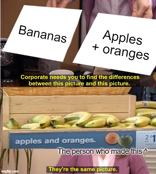 Bornanapple | Bananas; Apples + oranges; The person who made this ^ | image tagged in memes,they're the same picture | made w/ Imgflip meme maker