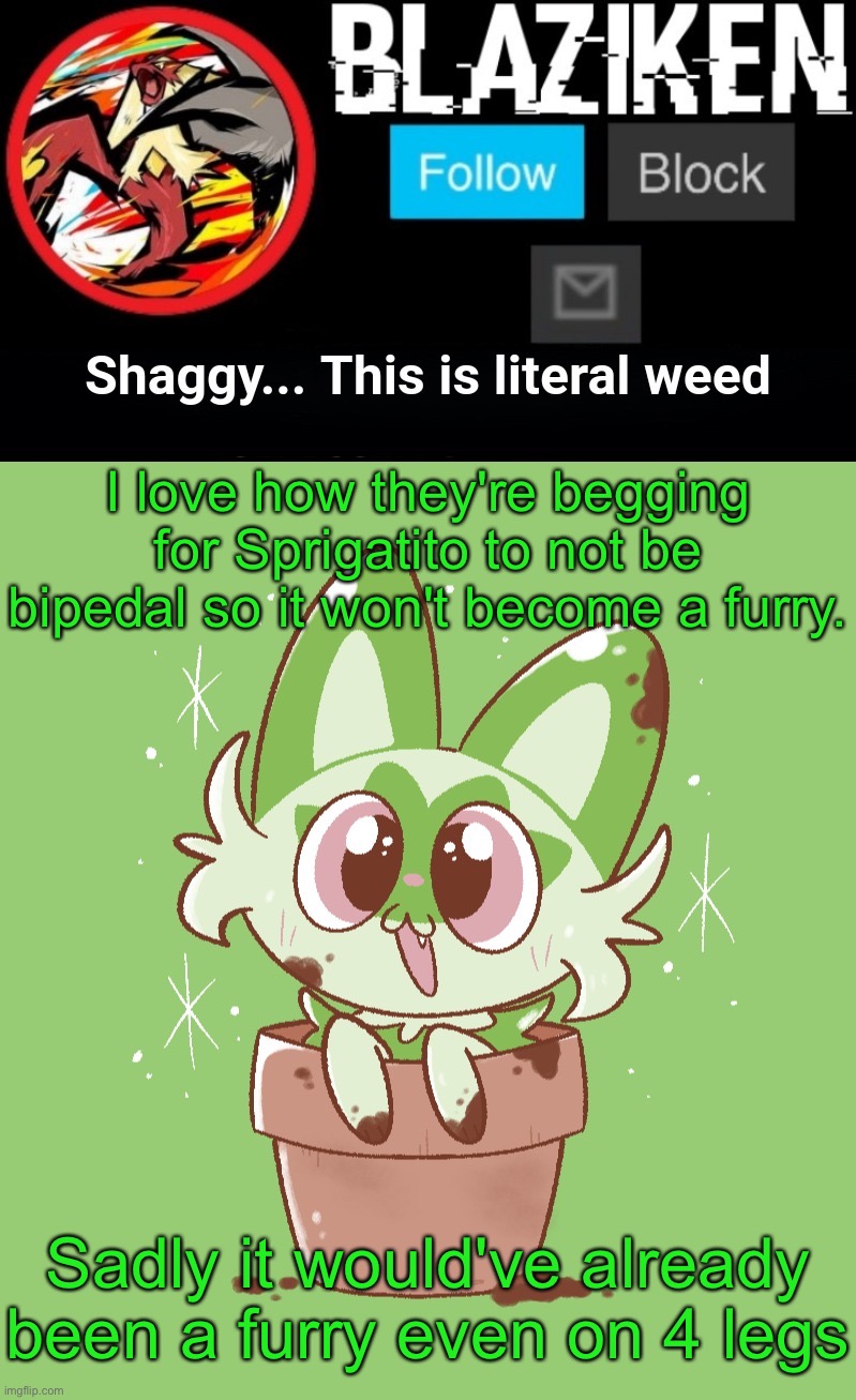 I wouldn't mind if it walked on 2 legs. The evolutions aren't bipedal and they became R34 | I love how they're begging for Sprigatito to not be bipedal so it won't become a furry. Sadly it would've already been a furry even on 4 legs | image tagged in blaziken sprigatito temp | made w/ Imgflip meme maker