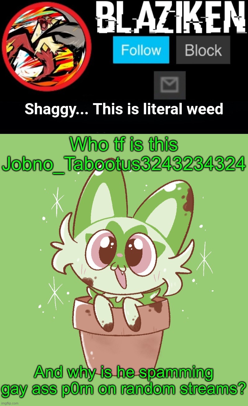 I found him spamming in most streams I mod | Who tf is this Jobno_Tabootus3243234324; And why is he spamming gay ass p0rn on random streams? | image tagged in blaziken sprigatito temp | made w/ Imgflip meme maker