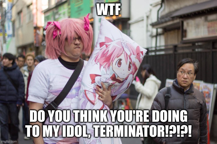 Weeb In Japan | WTF DO YOU THINK YOU'RE DOING TO MY IDOL, TERMINATOR!?!?! | image tagged in weeb in japan | made w/ Imgflip meme maker