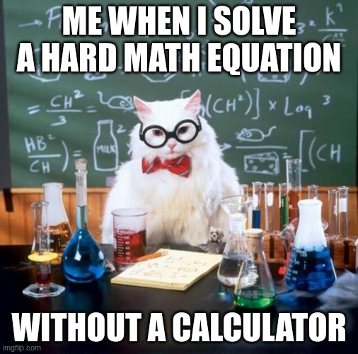 me and no calculator |  ME WHEN I SOLVE A HARD MATH EQUATION; WITHOUT A CALCULATOR | image tagged in memes,chemistry cat | made w/ Imgflip meme maker