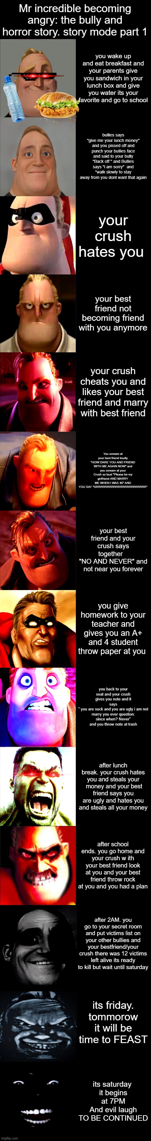 Mr. Incredible Becoming Angry Extended | Mr incredible becoming angry: the bully and horror story. story mode part 1; you wake up and eat breakfast and your parents give you sandwich in your lunch box and give you water its your favorite and go to school; bullies says "give me your lunch money" and you pissed off and punch your bullies face and said to your bully "Back off " and Bullies says "i am sorry"  and *walk slowly to stay away from you dont want that again; your crush hates you; your best friend not becoming friend with you anymore; your crush cheats you and likes your best friend and marry with best friend; You scream at your best friend loudly "HOW DARE YOU AND FRIEND WITH ME AGAIN NOW" and you scream at your Crush so loud "Please be my girlfriend AND MARRY ME WHEN I WAS 40" AND YOU SAY "GRRRRRRRRRRRRRRRRRRRRRRR"; your best friend and your crush says together   
"NO AND NEVER" and not near you forever; you give homework to your teacher and gives you an A+ and 4 student throw paper at you; you back to your seat and your crush gives you note and it
says
" you are suck and you are ugly i am not marry you ever question: since when? Never" and you throw note at trash; after lunch break. your crush hates you and steals your  money and your best friend says you are ugly and hates you and steals all your money; after school ends. you go home and your crush w ith your best friend look at you and your best friend throw rock at you and you had a plan; after 2AM. you go to your secret room and put victims list on your other bullies and your bestfriend/your crush there was 12 victims left alive its ready to kill but wait until saturday; its friday. tommorow it will be time to FEAST; its saturday 
it begins at 7PM And evil laugh
TO BE CONTINUED | image tagged in mr incredible becoming angry extended | made w/ Imgflip meme maker