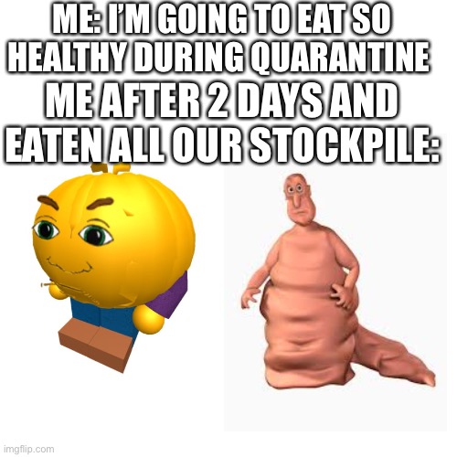 Blank Transparent Square Meme | ME: I’M GOING TO EAT SO HEALTHY DURING QUARANTINE; ME AFTER 2 DAYS AND EATEN ALL OUR STOCKPILE: | image tagged in memes,blank transparent square | made w/ Imgflip meme maker