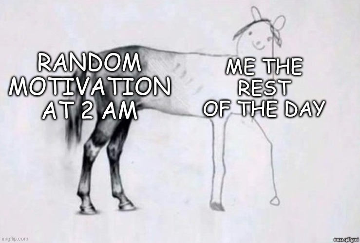 Why do we get the burst of energy | RANDOM MOTIVATION AT 2 AM; ME THE REST OF THE DAY | image tagged in horse drawing | made w/ Imgflip meme maker