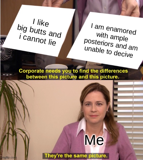 Smart kids will get this | I like big butts and i cannot lie; I am enamored with ample posteriors and am unable to decive; Me | image tagged in memes,they're the same picture | made w/ Imgflip meme maker