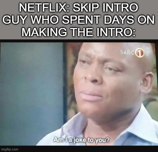 Am I a joke to you? | NETFLIX: SKIP INTRO

GUY WHO SPENT DAYS ON MAKING THE INTRO: | image tagged in am i a joke to you | made w/ Imgflip meme maker