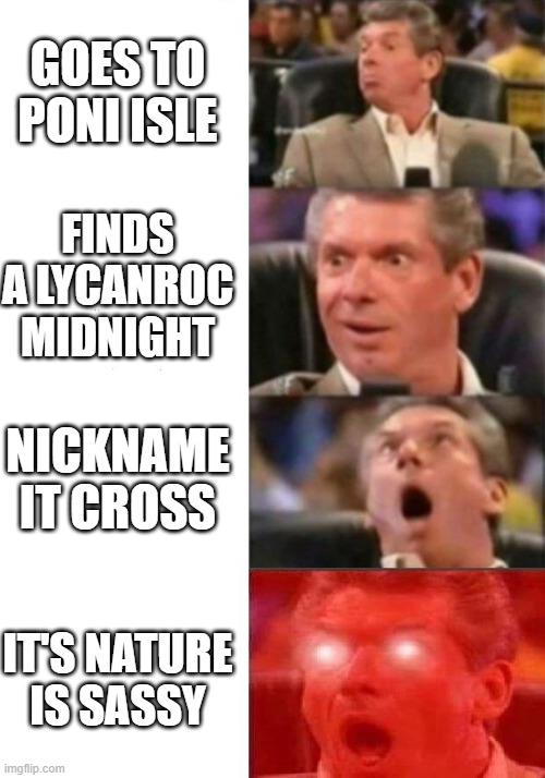 THE ALMIGHTY SASS KING | GOES TO PONI ISLE; FINDS A LYCANROC MIDNIGHT; NICKNAME IT CROSS; IT'S NATURE IS SASSY | image tagged in mr mcmahon reaction | made w/ Imgflip meme maker