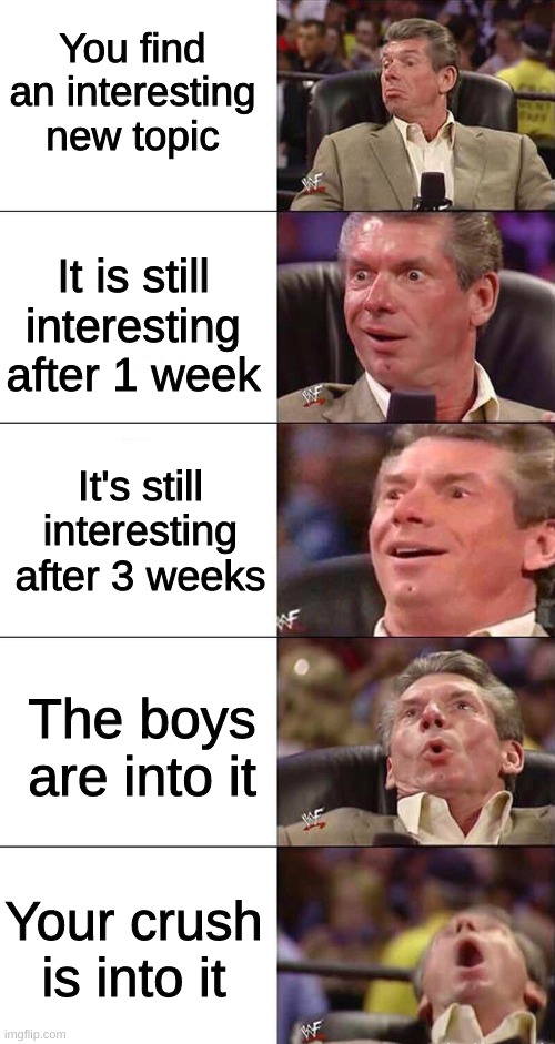 YEEESSSS!!!!!! | You find an interesting new topic; It is still interesting after 1 week; It's still interesting after 3 weeks; The boys are into it; Your crush is into it | image tagged in happy happier happiest overly happy pog | made w/ Imgflip meme maker