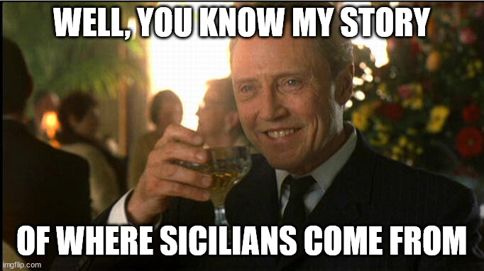 cheers christopher walken | WELL, YOU KNOW MY STORY OF WHERE SICILIANS COME FROM | image tagged in cheers christopher walken | made w/ Imgflip meme maker