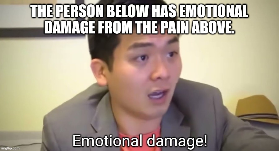 Emotional damage | THE PERSON BELOW HAS EMOTIONAL DAMAGE FROM THE PAIN ABOVE. | image tagged in emotional damage | made w/ Imgflip meme maker