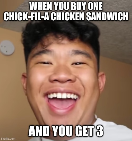 Chick-fil-A Sandwich | WHEN YOU BUY ONE CHICK-FIL-A CHICKEN SANDWICH; AND YOU GET 3 | image tagged in sandwich | made w/ Imgflip meme maker