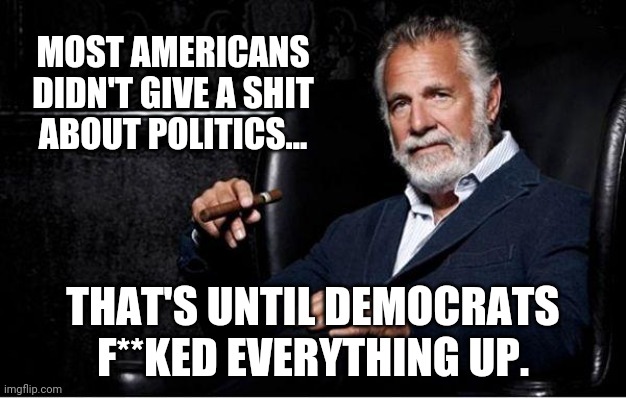It's true. We're paying attention now. | MOST AMERICANS DIDN'T GIVE A SHIT ABOUT POLITICS... THAT'S UNTIL DEMOCRATS F**KED EVERYTHING UP. | image tagged in memes | made w/ Imgflip meme maker