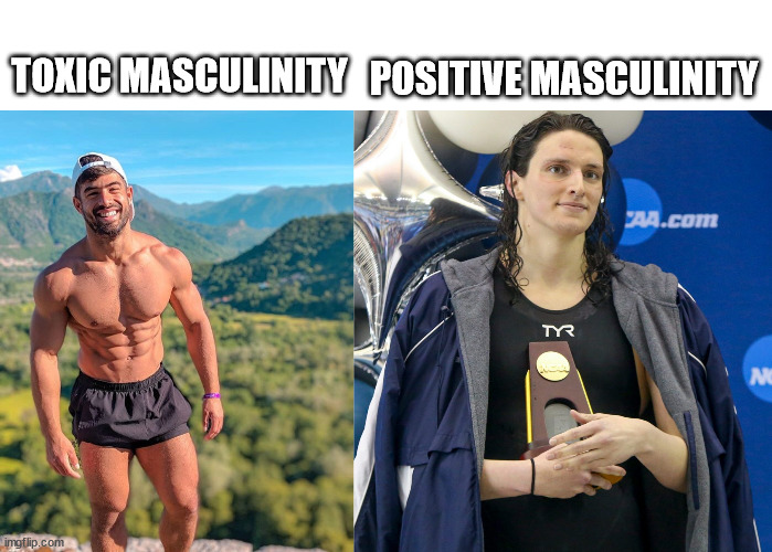 Toxic masculinity | POSITIVE MASCULINITY; TOXIC MASCULINITY | image tagged in transgender swimmer,toxic masculinity,memes,politics | made w/ Imgflip meme maker