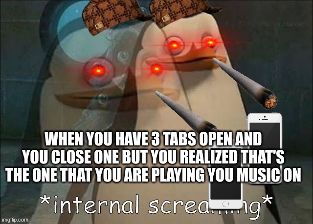 Music Meme | WHEN YOU HAVE 3 TABS OPEN AND YOU CLOSE ONE BUT YOU REALIZED THAT'S THE ONE THAT YOU ARE PLAYING YOU MUSIC ON | image tagged in private internal screaming | made w/ Imgflip meme maker