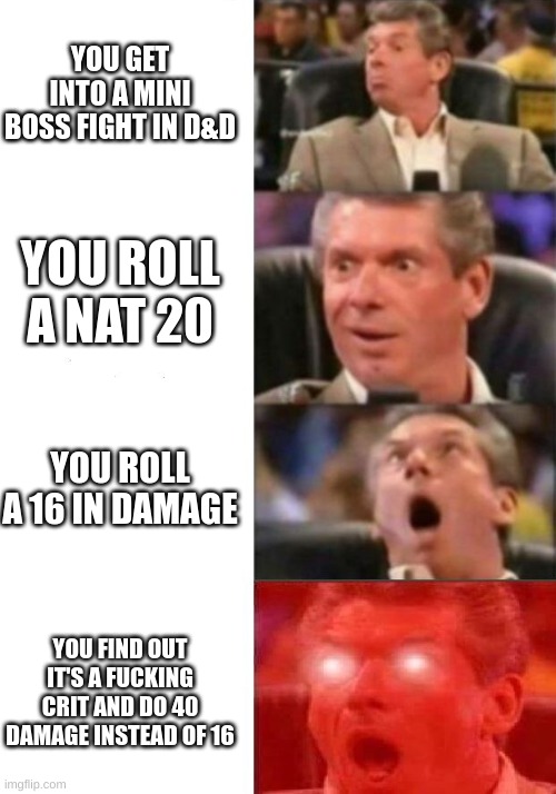 HELL YEAH BOYS. Yes, THIS ACTUALLY HAPPENED IN D&D LAST NIGHT. | YOU GET INTO A MINI BOSS FIGHT IN D&D; YOU ROLL A NAT 20; YOU ROLL A 16 IN DAMAGE; YOU FIND OUT IT'S A FUCKING CRIT AND DO 40 DAMAGE INSTEAD OF 16 | image tagged in mr mcmahon reaction | made w/ Imgflip meme maker